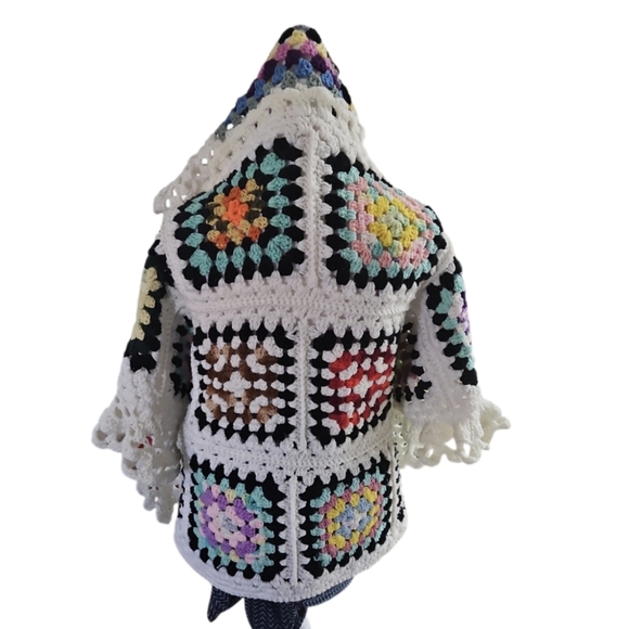 Hand Crafted Crochet Granny Square Cardigan open front Hooded Colorfull Sweater - Picture 7 of 17